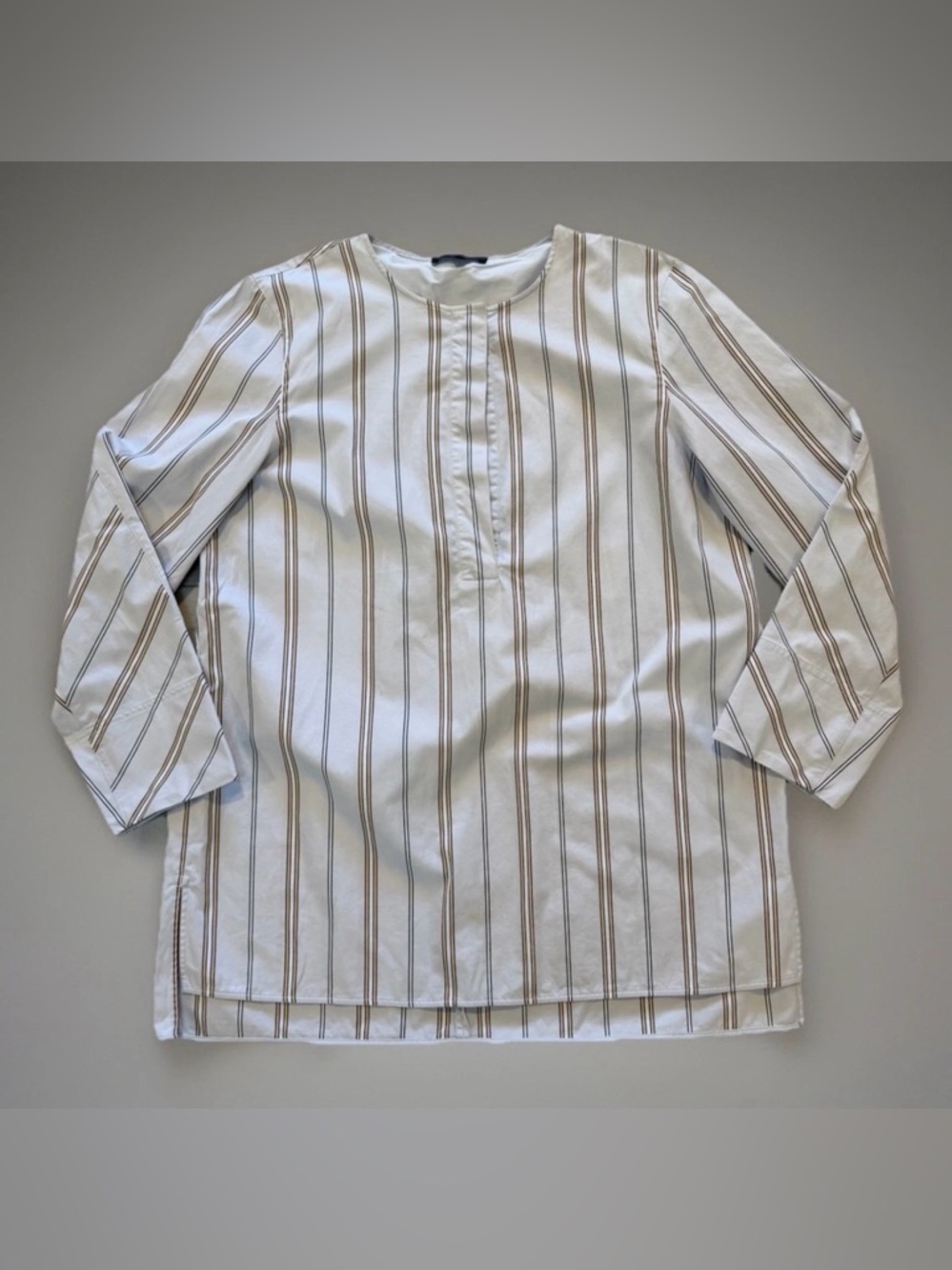 Lafayette 148 NY Tilly Aerial Blue Multi  Stripe Tunic Top Sz L Lagenlook $495